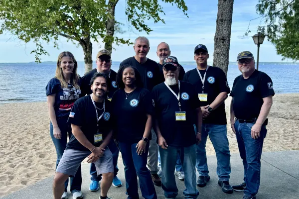 Region 9A members with President Shawn Fain at the 2024 UAW Veterans Conference in Black Lake, Michigan