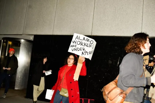 Alamo workers holding an informational picket outside Alamo Drafthouse