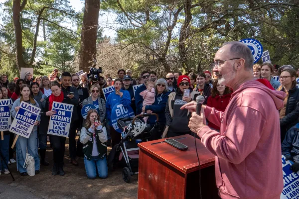 UAW President Shawn Fain speaking to strikers rallying at Wellesley