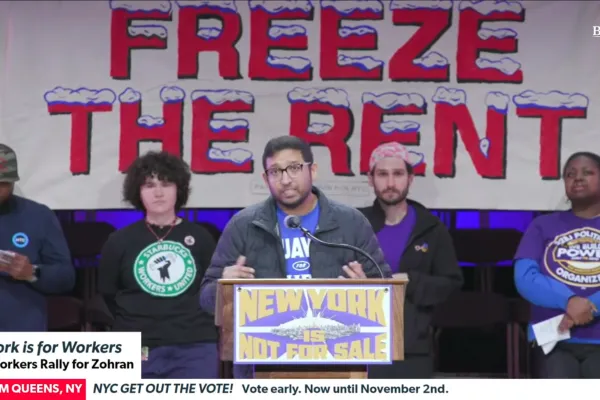 Weill Cornell postdoc Jazib Uddin speaking at Zohran Mamdani's NYC Is Not For Sale Rally