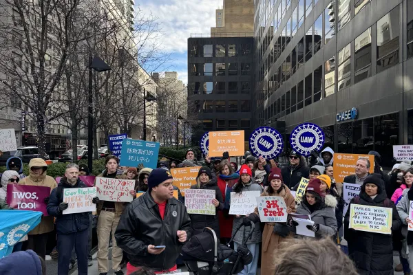 Region 9A Director Brandon Mancilla addresses UAW members at a rally in New York City for universal child care on December 11, 2025