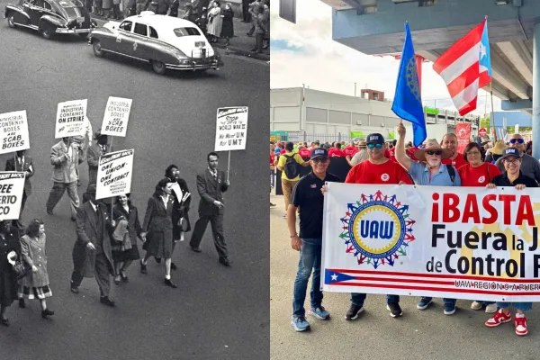 District 65 members marching in 1948 / UAW members in Puerto Rico in 2026