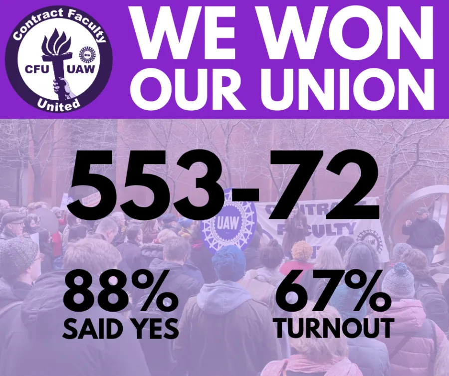 We won our union! 553-72. 88% said yes, 67% turnout.