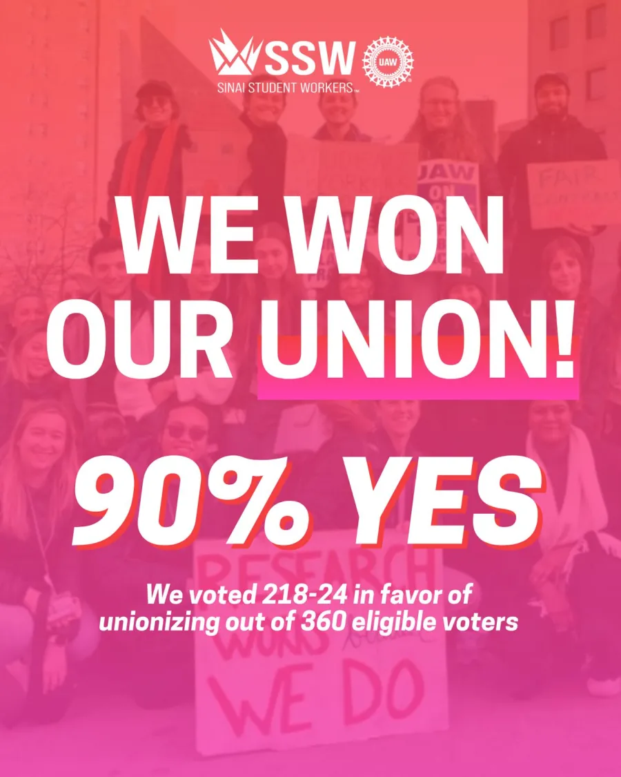 300 Student Workers at Mount Sinai Win Their Union with 90% Union Yes