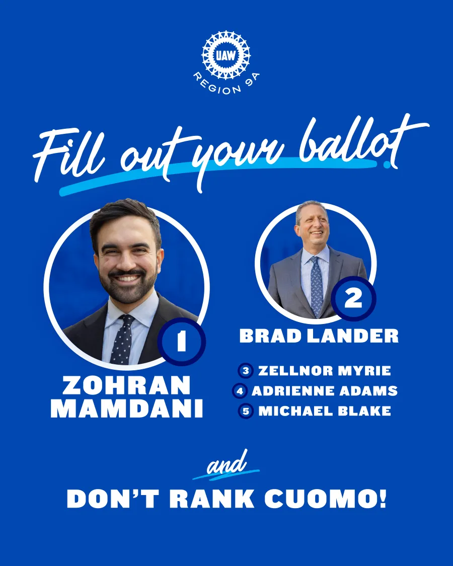 UAW REGION 9A UPDATES RANKED CHOICE BALLOT FOR NYC MAYOR