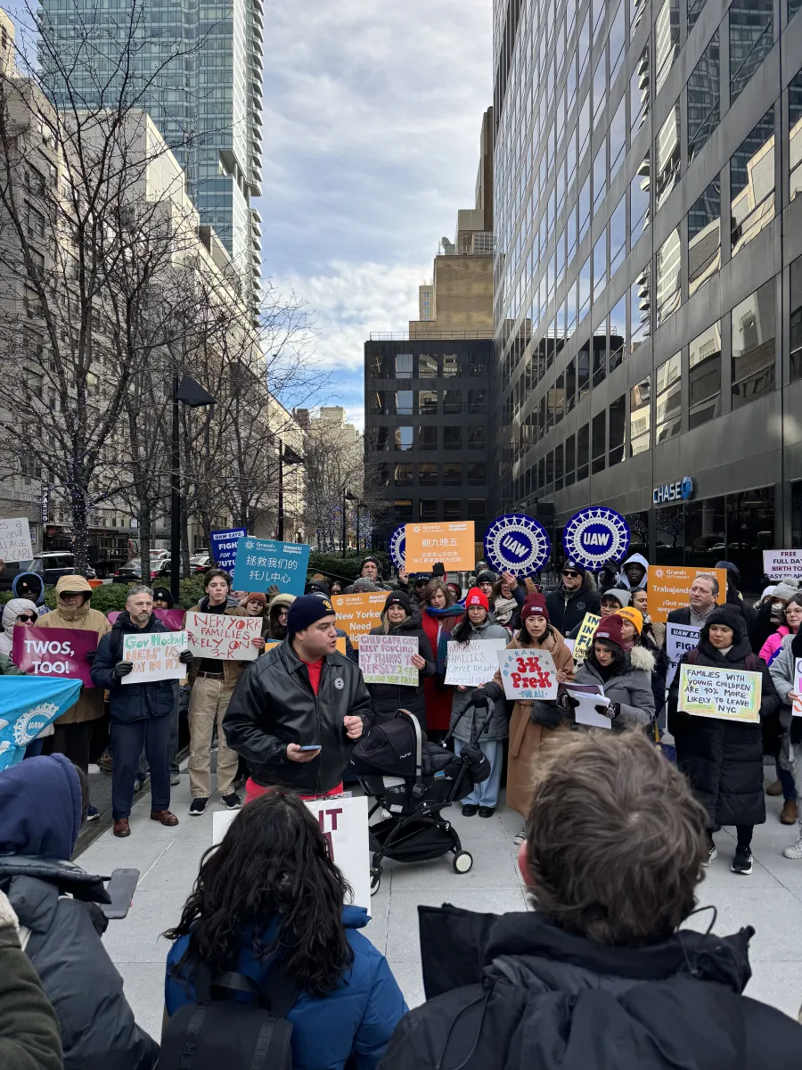 Region 9A Director Brandon Mancilla addresses UAW members at a rally in New York City for universal child care on December 11, 2025
