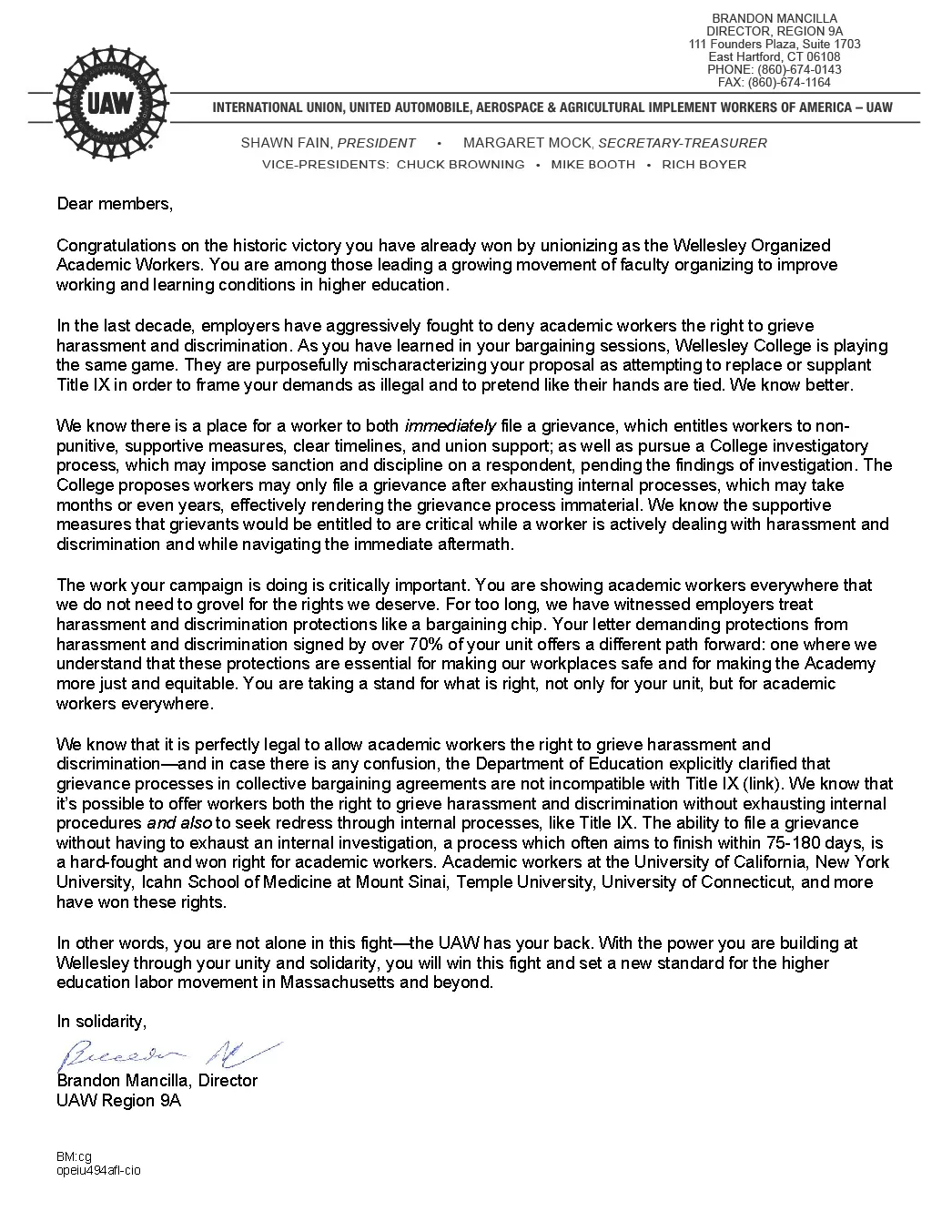 Letter from UAW Region 9A Director Brandon Mancilla in Support of Wellesley Academic Workers
