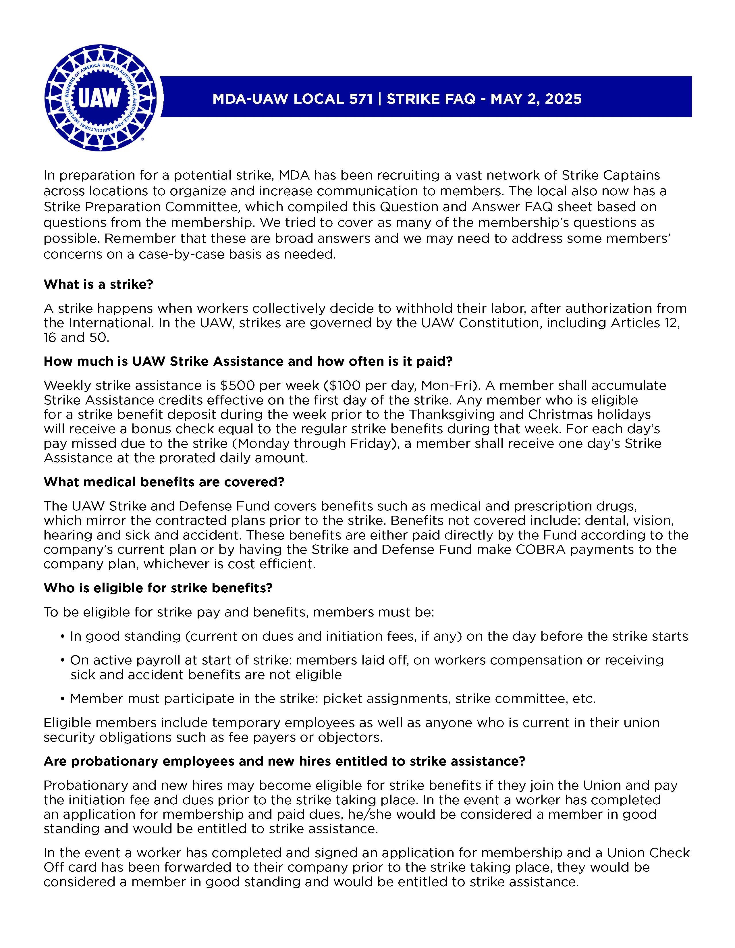 Local 571 MDA Strike FAQ Page 1