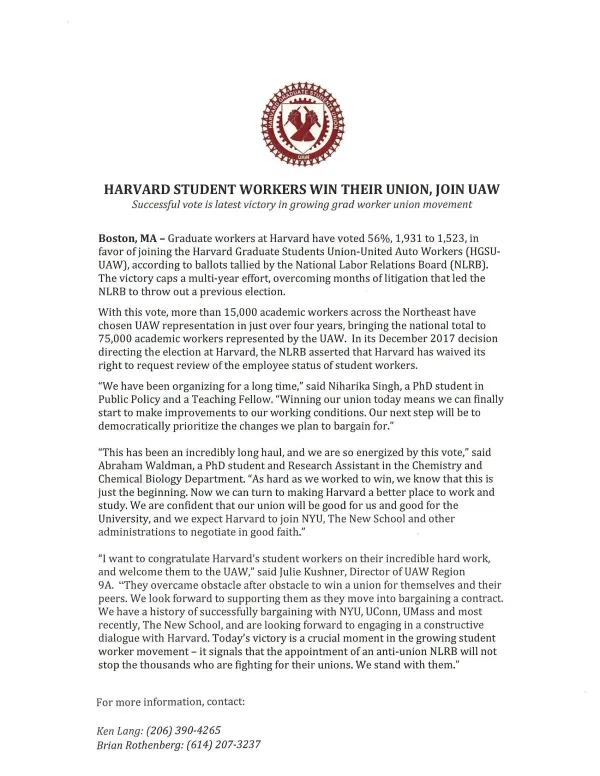 Harvard Press Release