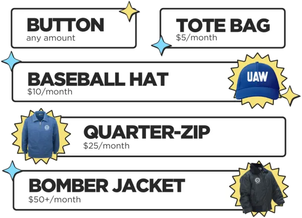 Any amount — button $5/month — tote bag $10/month — baseball cap $25/month — quarter-zip sweatshirt $50+/month — bomber jacket