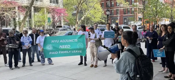 New York City Council Member Tiffany Cabán calls for paid family leave at a rally with NYU adjunct faculty members.