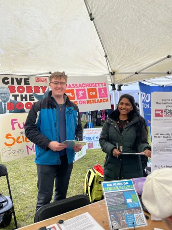 CORE-UAW members tabling at No Kings rally in Boston in March 2026 for the Massachusetts Runs on Research campaign