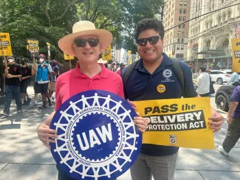 Ricky Blum (Local 2325) and Brandon Mancilla (Region 9A) at Amazon Teamsters picket outside NYC City Hall in August 2026