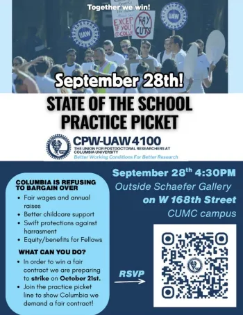 Local 4100 Columbia Postdocs Plan Practice Picket for Fair Contract